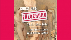 Ausschnitt der Titelseite des Programms zur Ausstellung "Kunst und Fälschung". Titel und Daten (29.2.-30.6.2024) sind vor dem Hintergrund eines Gemäldes von Max Liebermann im Atelier zu lesen. Unter dem Datum steht "Aus dem Falschen das Richtige lernen".