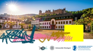 Akademiegebäude mit farbiger Grafik im Vordergrund
