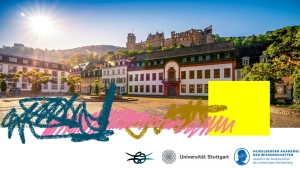 Akademiegebäude mit farbiger Grafik im Vordergrund
