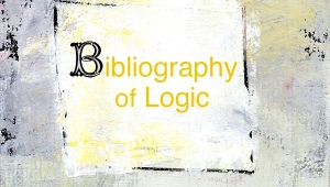 Logo der Bibliography of Logic: Der Hintergrund ist grau, von schwarzen und gelben Farbflächen durchmischt. Darauf prangt ein weißes Quadrat in dem in gelber Schrift steht "Bibliography of Logic"
