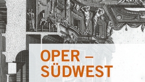 Schwarz-weiß Zeichnung eines Opernsaals, Titel "OPER-SÜDWEST" in orangener Schrift