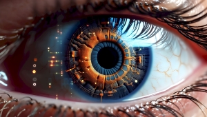 Auge mit künstlich generierter Iris, die Schaltkreise erkennen lässt.