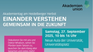 Plakat für den Akademientag mit Informationen. Unten sind bunte, stilisierte Personen zu erkennen. Oben ist der Titel "Akademientag - Einander verstehen - gemeinsam in die Zukunft". In Sprechblasen sind die Info wann, wo und was genannt.