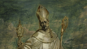 Bildausschnitt von Peter Paul Rubens': Heiliger Norbert besiegt den Ketzer Tanchelm. Das Bild ist in gedeckten grün-braun Tönen gestaltet. Zu sehen ist der Oberkörper eines Bischofs, der ein grau-weißes Gewandt trägt und seinen Blick nach unten gerichtet hat. Auf seinem Kopf trägt er eine Mitra, in der linken Hand einen Bischofsstab.