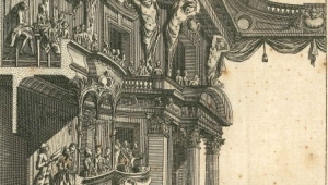Barocke Zeichnung der Stuttgarter Oper, rechts ist ein Teil der Bühne zu sehen mit dem Orchester davor und Publikum. Links von der Bühne sind die Zuschauerränge abgebildet, auf denen edel gekleidete Damen und Herren stehen. Die Tribünen sind mit Schnitzereien und lebensgroßen Figuren verziert. Die Decke der Oper ist mit einem Wolkenmotiv dargestellt und erinnert an einen Himmel.