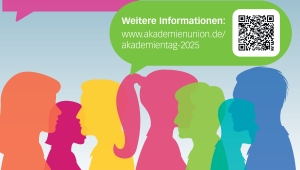 Plakat für den Akademientag mit Informationen. Unten sind bunte, stilisierte Personen zu erkennen. Oben ist der Titel "Akademientag - Einander verstehen - gemeinsam in die Zukunft". In Sprechblasen sind die Info wann, wo und was genannt.