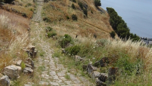 Steinweg auf einem kargen, grasbewachsenen Hügel, der zum Meer führt. An der Klippe steht ein Kreuz.