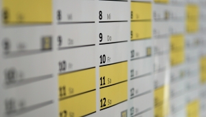 Kalenderblatt mit gelber Markierung für die Wochenendtage