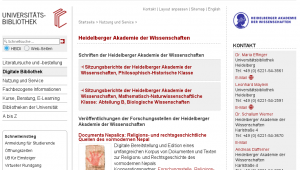 Screenshot der Seite der Universitätsbibliothek Heidelberg. Neben dem Seitenmenü ist eine Auflistung der Publikationen der Heidelberger Akademie der Wissenschaften zu sehen. Rechts der Kontakt zur Akademie sowie das Akademie-Logo.