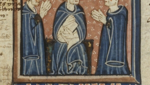 Mittelalterliche französische Handschrift (Detail) mit Abbildung, die drei Männer, davon zwei betende Mönche, zeigt.