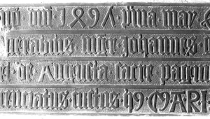 Sterbeinschrift des Stiftskustos Johannes Gessel von Augsburg († 1497) in der Baden-Badener Stiftskirche.