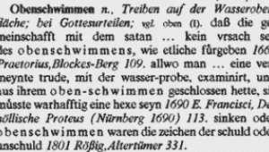 Wörterbuchartikel zum Wort Obenschwimmen. Bedeutet das Treiben auf der Wasseroberfläche bei Gottesurteilen