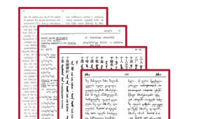 Auf vier hochformatigen Blättern sieht man Schriftzeichen von unterschiedlichen Sprachen. Pfeile zeigen von den Blättern nach unten, wo ein waagerechtes Feld mit Nullen und Einsen zu sehen ist. In diesem Feld steht rechts "Global Basic Lexicon".