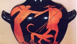 Eos, die Göttin der Morgenröte, verfolgt den Hirten Kephalos, in den sie sich verliebt hat. Wassergefäß (Hydria) aus Athen 470/60 v. Chr. im Antikenmuseum der Universität Heidelberg.