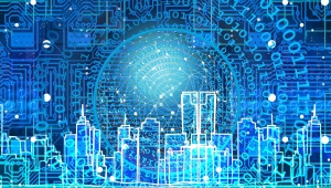 Montage in Blautönen. Sie zeigt die Skyline einer moderne Großstadt, darüber liegen kreisförmig angeordnete Zahlencodes sowie die Struktur einer Platine.